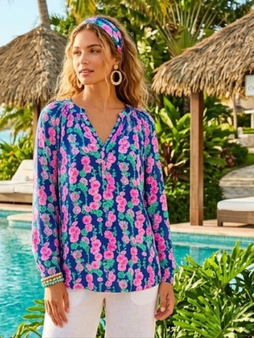 Lilly Pulitzer Elsa Silk Top Oyster Bay Navy Devine Hollyhocks Size Large NWOT